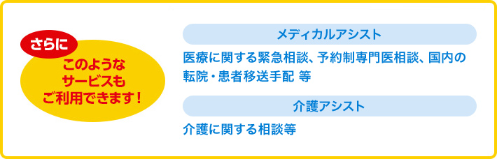 さらにこのようなサービスもご利用できます！[事故防止アシスト]防災・防犯に関する情報、事故・災害防止に関する情報の提供等 [メディカルアシスト]医療に関する緊急相談、予約制専門医相談、国内の転院・患者移送手配等 [介護アシスト]介護に関する相談等