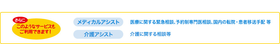さらにこのようなサービスもご利用できます！[メディカルアシスト]医療に関する緊急相談、予約制専門医相談、国内の転院・患者移送手配等 [介護アシスト]介護に関する相談等
