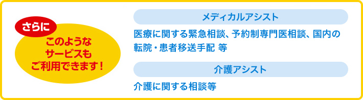 さらにこのようなサービスもご利用できます！[メディカルアシスト]医療に関する緊急相談、予約制専門医相談、国内の転院・患者移送手配等 [介護アシスト]介護に関する相談等