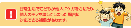 日常生活でこどもが他人にケガをさせたり、他人のモノを壊してしまった場合に対応できる補償があります。