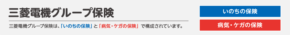 三菱電機グループ保険 三菱電機グループ保険は、「いのちの保険」と「病気・ケガの保険」で構成されています。 いのちの保険 病気・ケガの保険