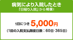 病気により入院したとき「日帰り入院」から補償　1日につき5,000円（1入院支払限度日数：60日・365日）