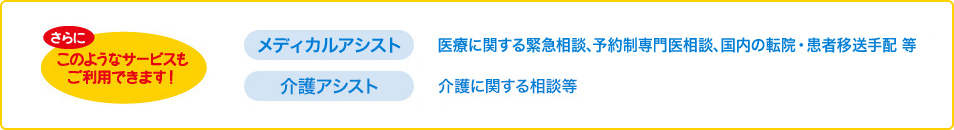 さらにこのようなサービスもご利用できます！[事故防止アシスト]防災・防犯に関する情報、事故・災害防止に関する情報の提供等 [メディカルアシスト]医療に関する緊急相談、予約制専門医相談、国内の転院・患者移送手配等 [介護アシスト]介護に関する相談等